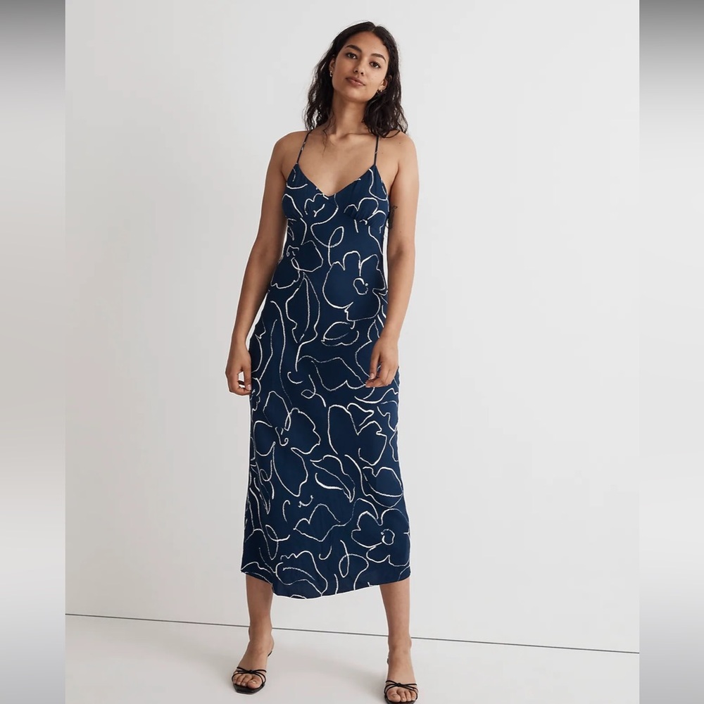 Madewell Navy Blue Floral Slip Midi Dress